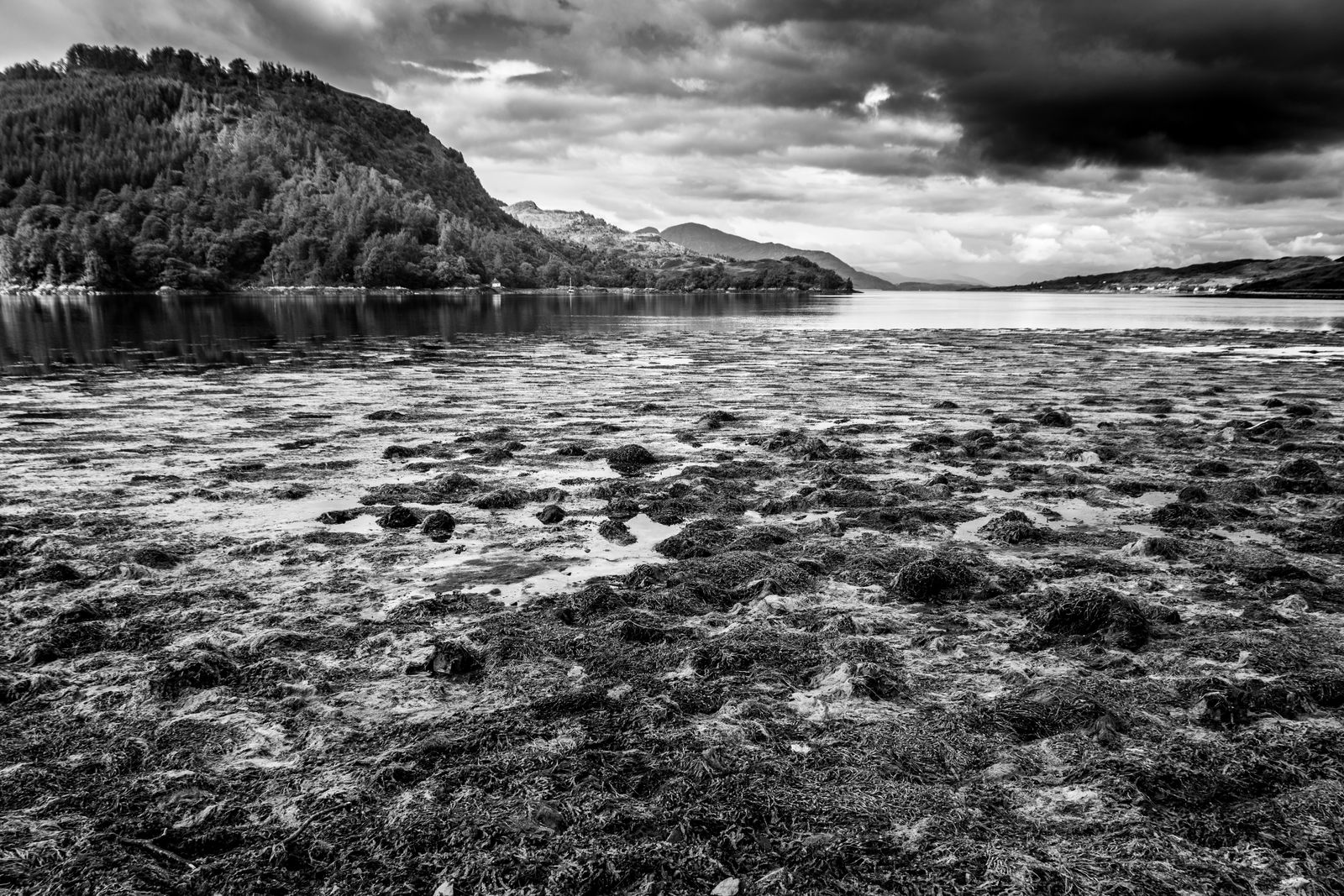 Schwarzweiß-Foto der Küste auf der Isle of Skye bei Ebbe mit Watt, Meer und wolkenverhangenen Bergen.