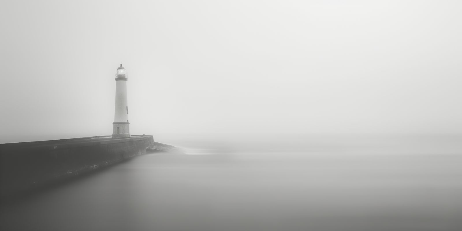 Ein einzelner Leuchtturm steht in einer nebligen, ruhigen Landschaft. Der Nebel umhüllt das Bauwerk und schafft eine minimalistische, mystische Stimmung.