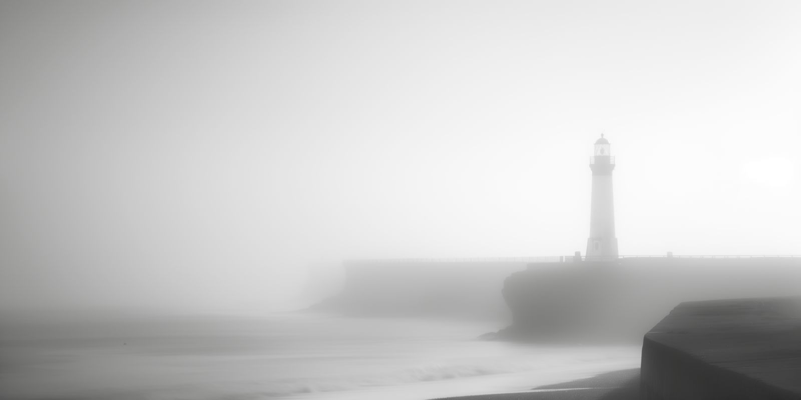 Ein Leuchtturm steht an einer nebligen Küste, umgeben von sanftem Nebel und vielfältigen Farben, minimalistisch und atmosphärisch inszeniert.