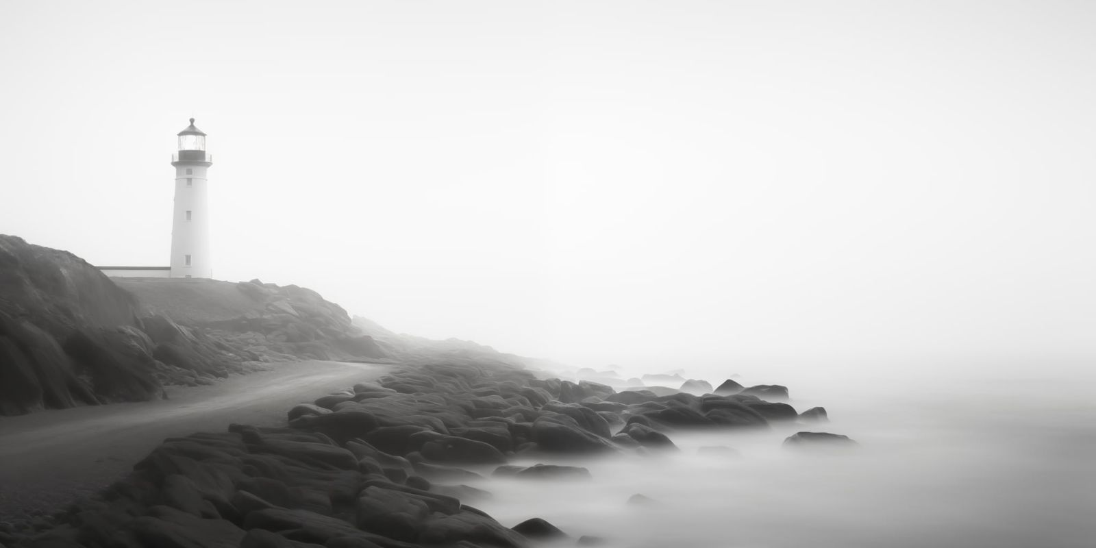 Ein minimalistisch fotografierter Leuchtturm steht im Nebel, das diffuse Licht und die maritimen Farben erzeugen eine ruhige, mystische Stimmung.