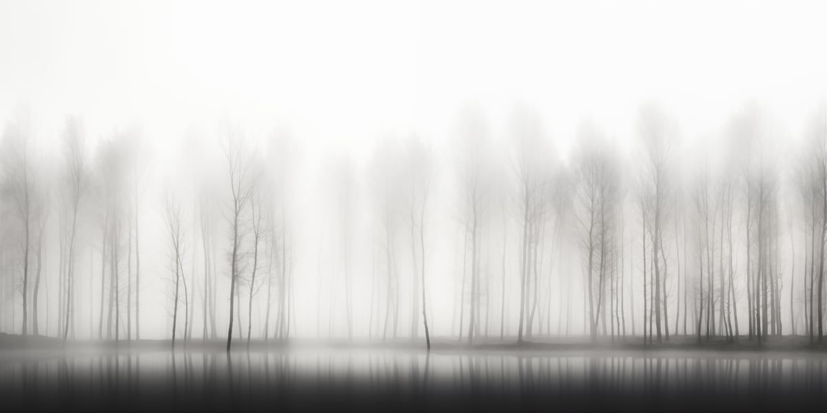 Eine ruhige Birkenreihe am nebligen Seeufer, aufgenommen in zarten Grautönen. Das minimalistische Panorama vermittelt Stille und Gelassenheit.