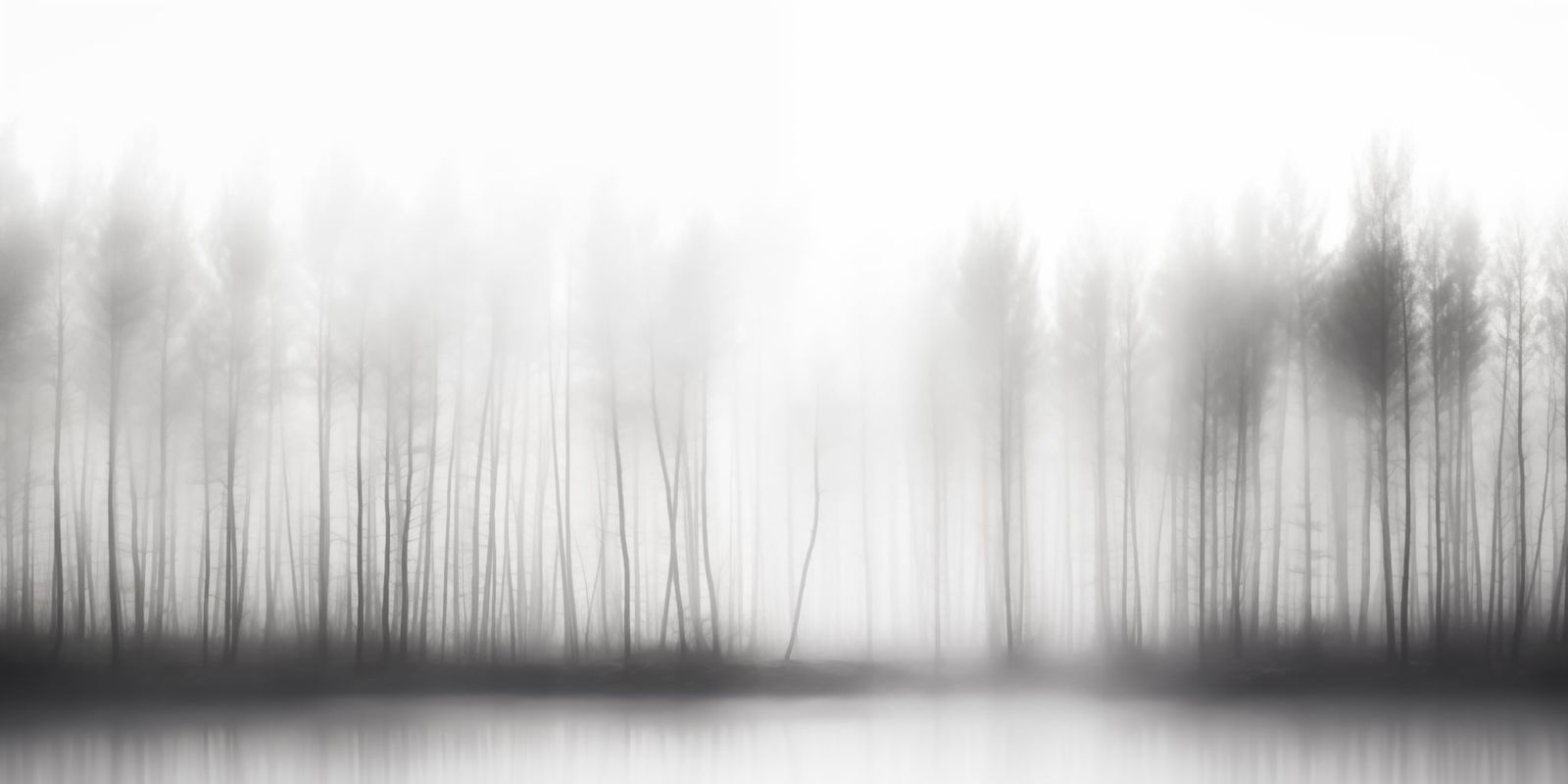 Sanfter Nebel zieht durch einen Birkenwald am Ufer eines stillen Sees, schlanke Birkenstämme stehen im Vordergrund, ruhige und mystische Stimmung.