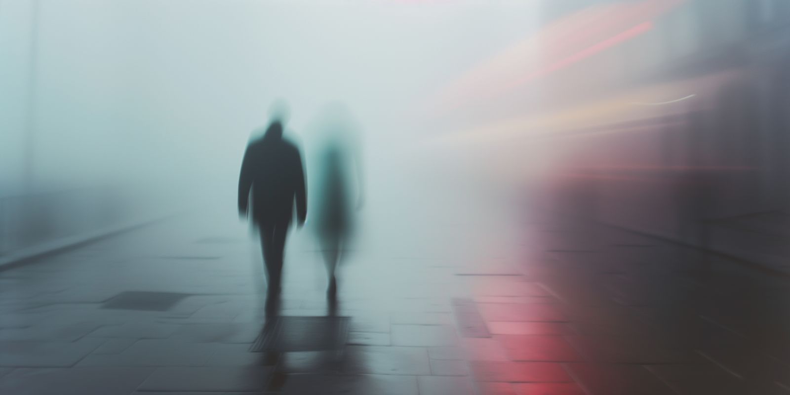 Eine einzelne Person als Silhouette verschwindet im dichten Nebel einer urbanen Szenerie, umgeben von sanften Konturen und ruhiger Atmosphäre.