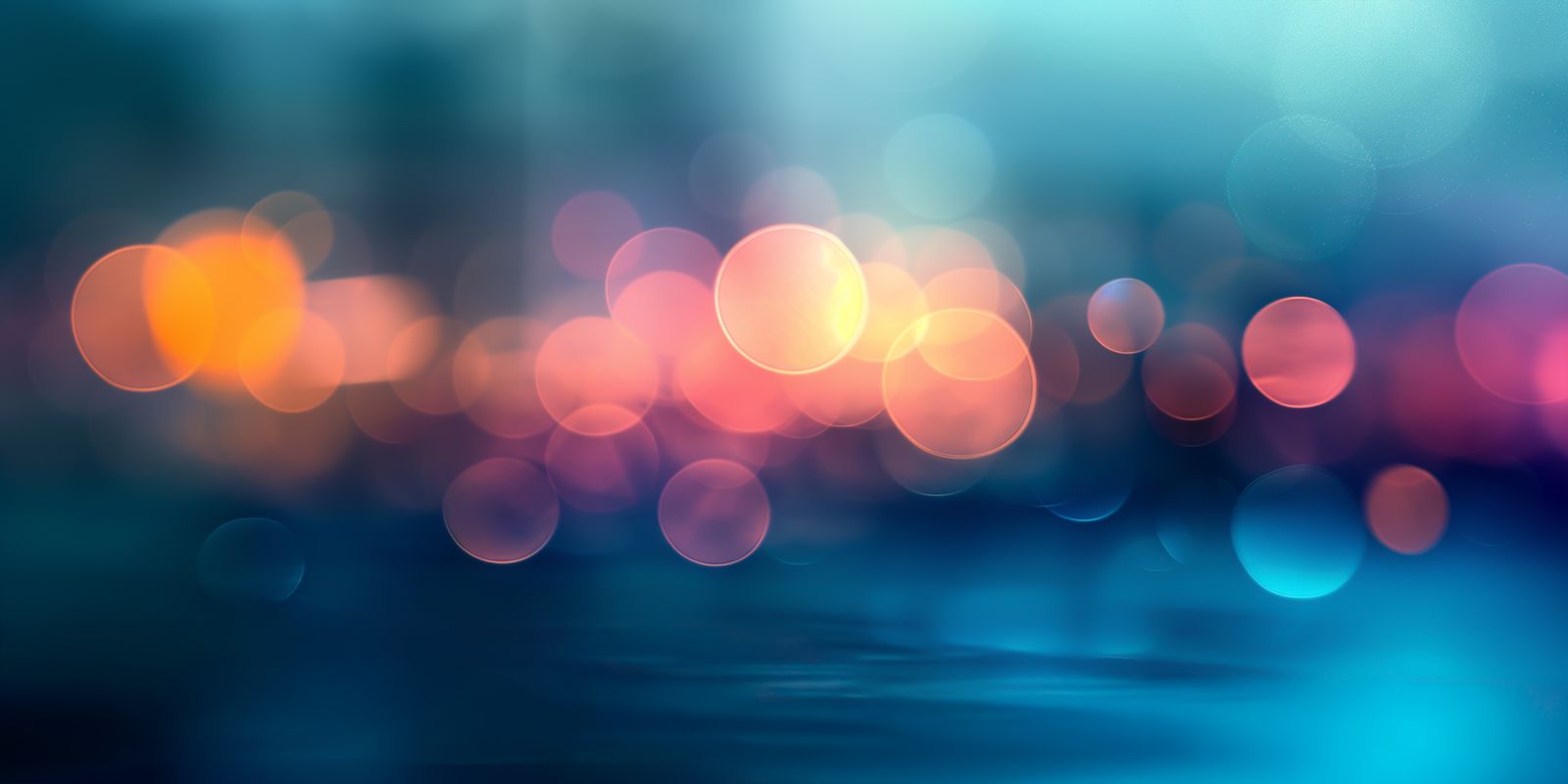 Abstraktes Panorama mit bunten, verschwommenen Lichtern als farbenfrohe Bokeh-Kreise im sanften Abendlicht
