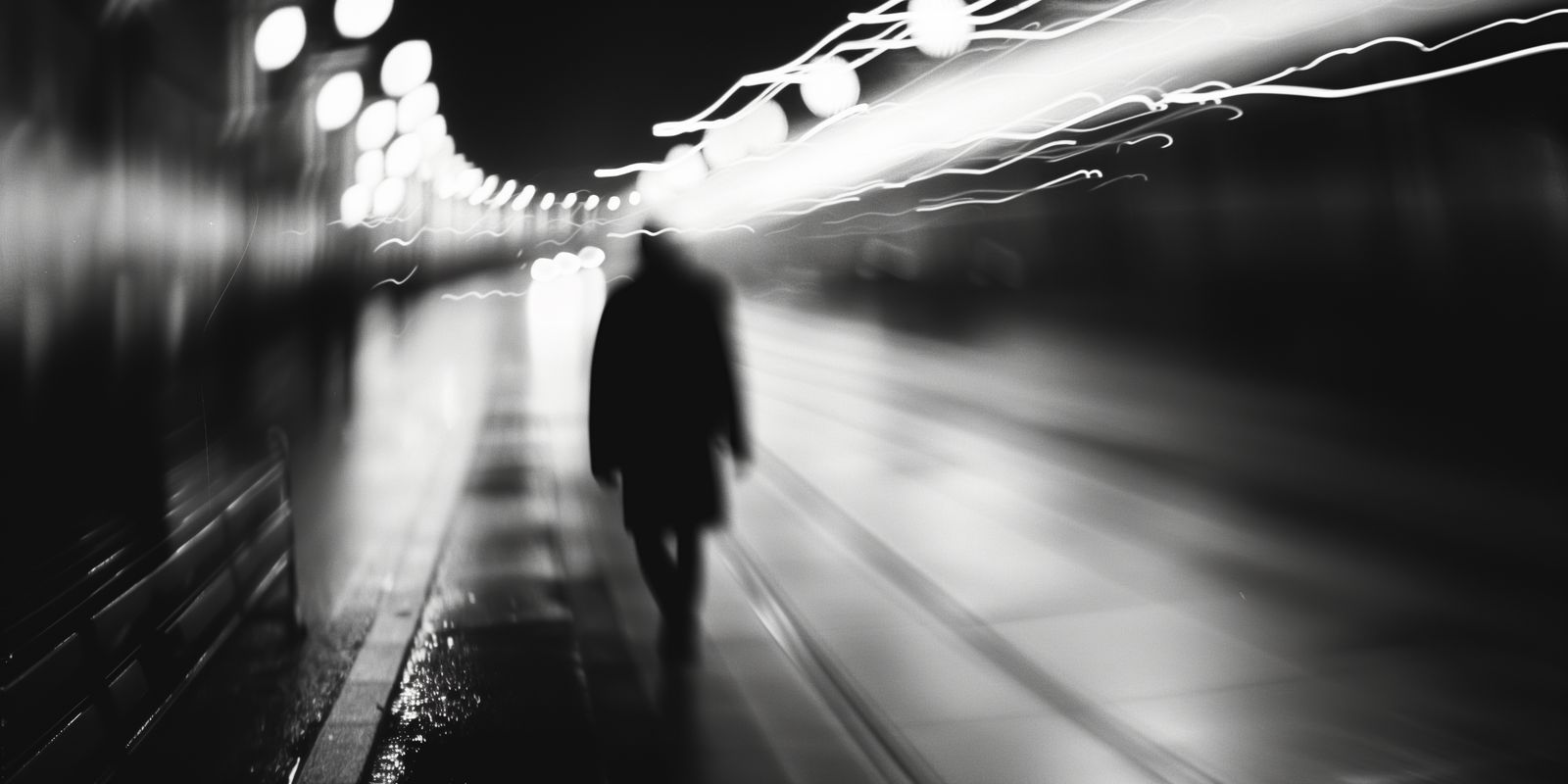 Eine einzelne Silhouette steht nachts auf einem leeren, weitläufigen Bahnsteig. Die Szene ist minimalistisch, modern und mysteriös gestaltet.