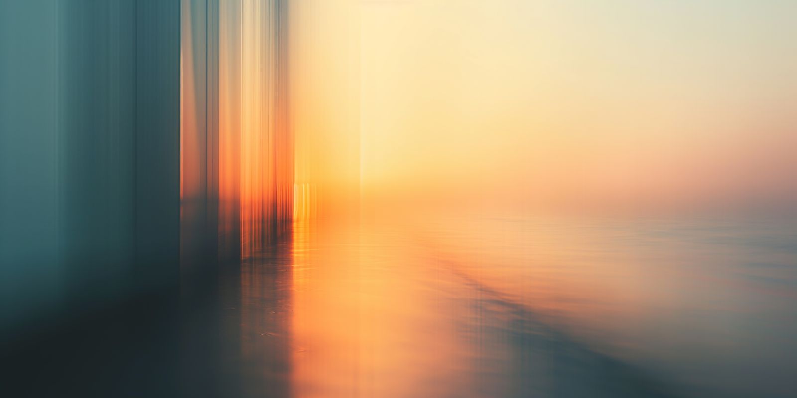 Abstraktes Wandbild zeigt eine stilisierte Küstenlinie im Sonnenuntergang mit vielfältigen Farben im Panorama-Format.
