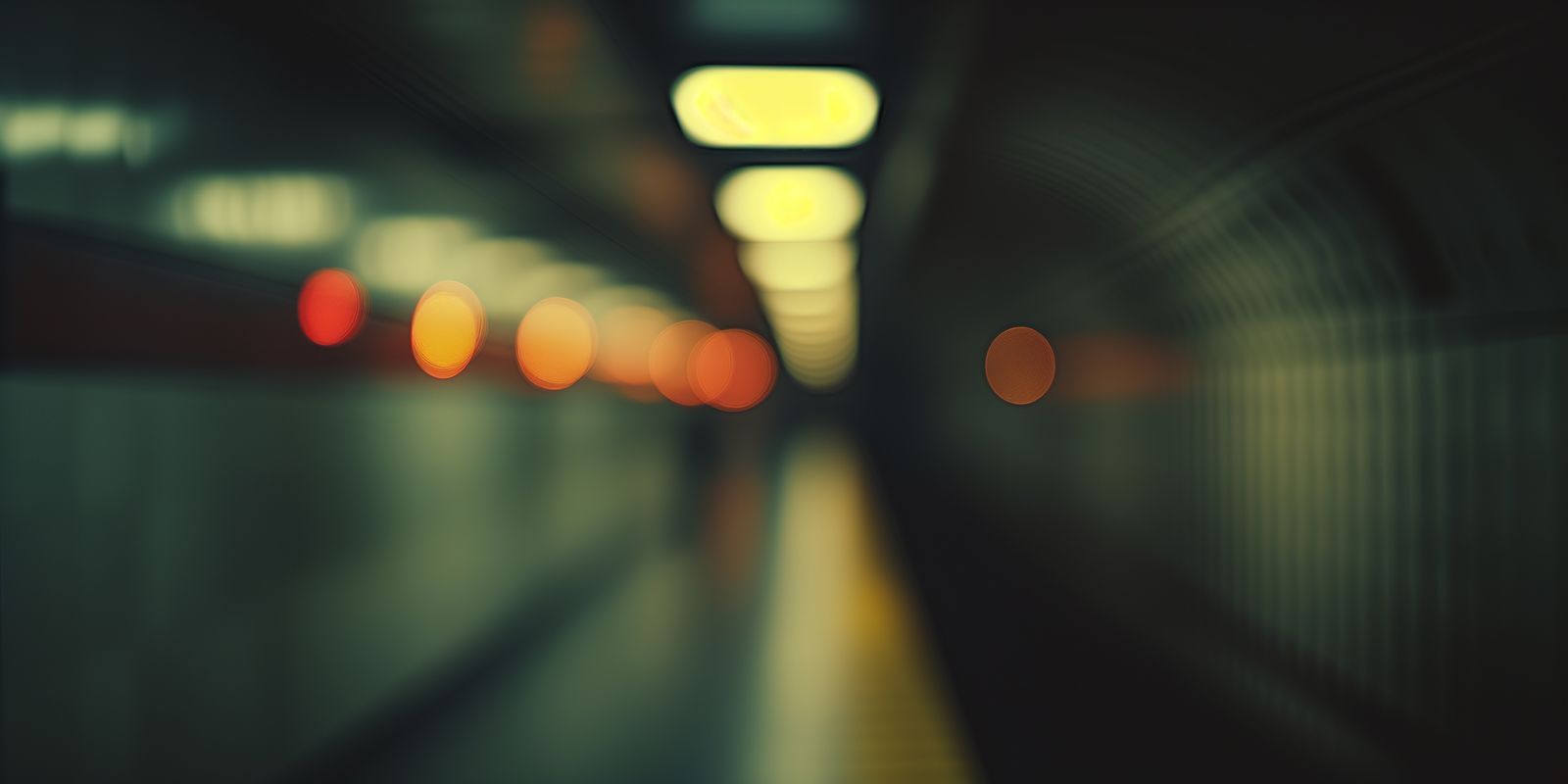 Sanft verschwommene, bunte Bokeh-Lichter ziehen sich als Lichtpunkte durch einen dunklen U-Bahn-Tunnel im Panoramaformat.