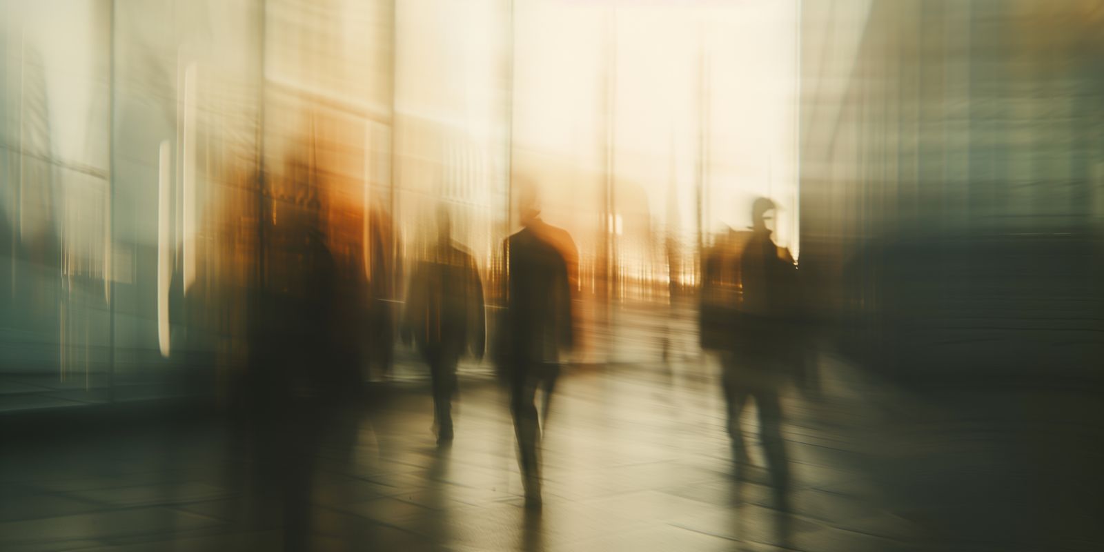 Mehrere Menschen als Silhouetten in einer modernen Stadtlandschaft, Licht und Schatten erzeugen ein abstraktes, urbanes Panorama im Stil der Langzeitbelichtung.
