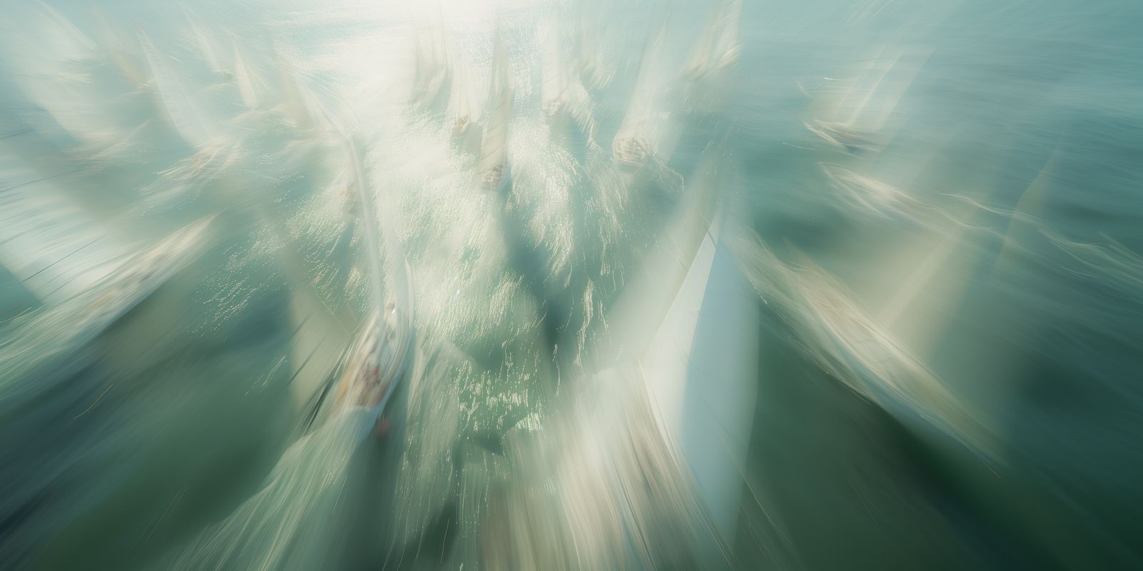 Mehrere Segelboote gleiten dynamisch über das Wasser, sanftes Lichtspiel zwischen Himmel und Wellen, Panoramaaufnahme mit lebendigen Farben.