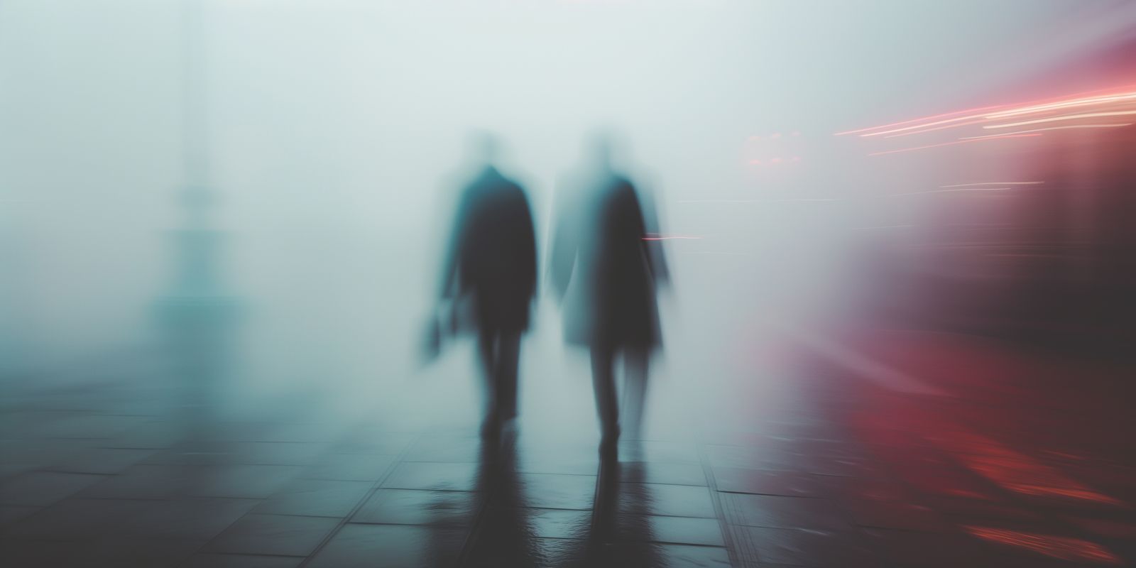 Mehrere Menschen als Silhouetten gehen durch neblige, urbane Szenerie; minimalistisches, atmosphärisches Panorama mit vielfältigen Farben.