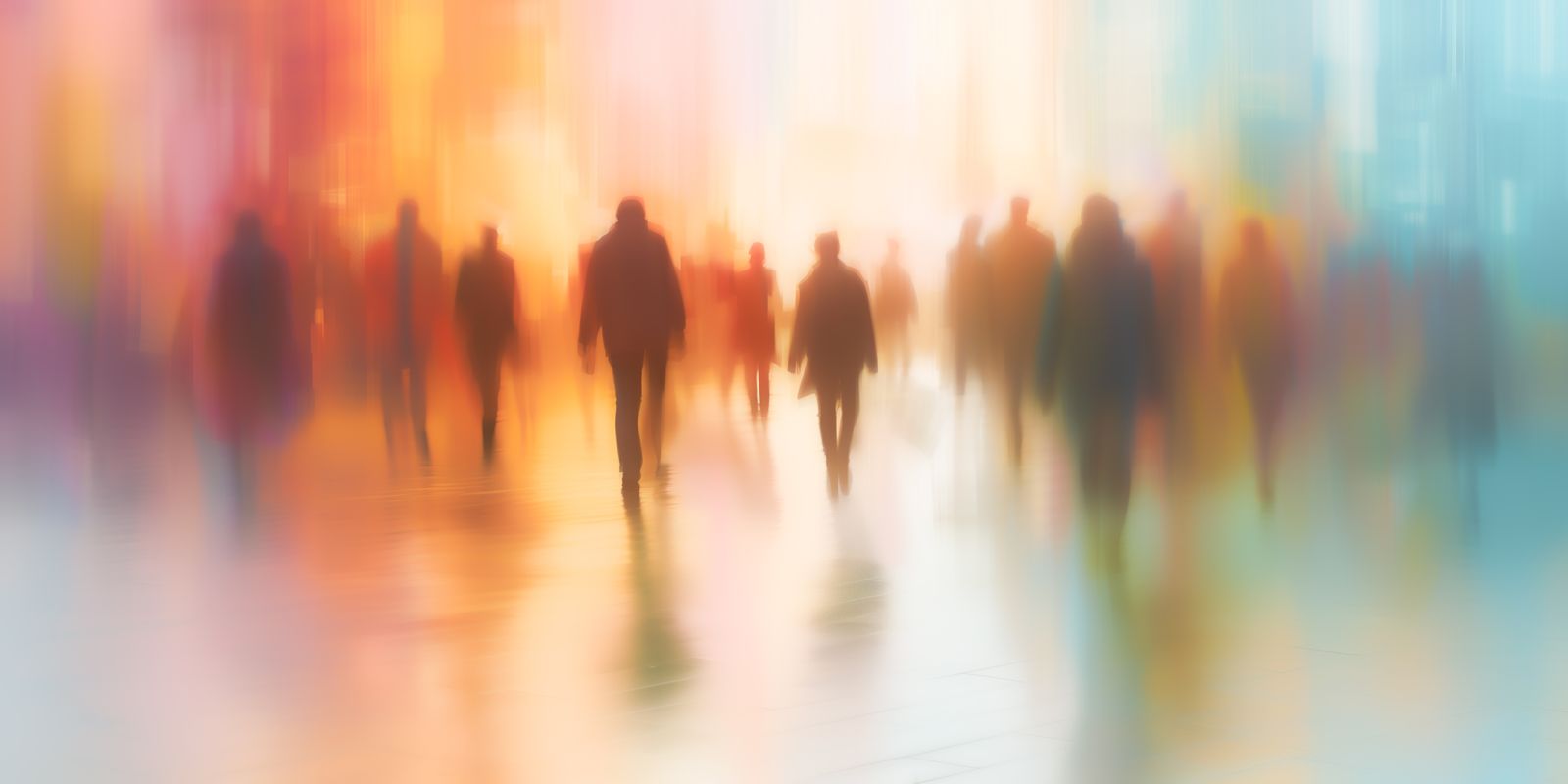 Eine Gruppe von Menschen mit bunten, abstrakten Silhouetten steht vor einer modernen, urbanen Stadtkulisse im Panorama-Format.