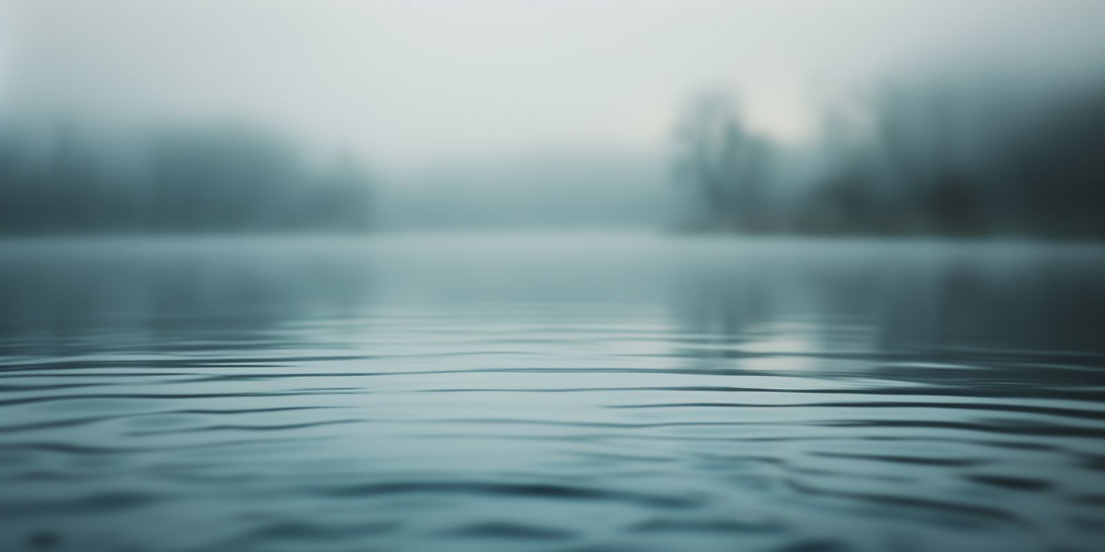 Ein stiller See am Morgen, umhüllt von sanftem Nebel, die Wasseroberfläche ruhig und spiegelnd im Panoramaformat.