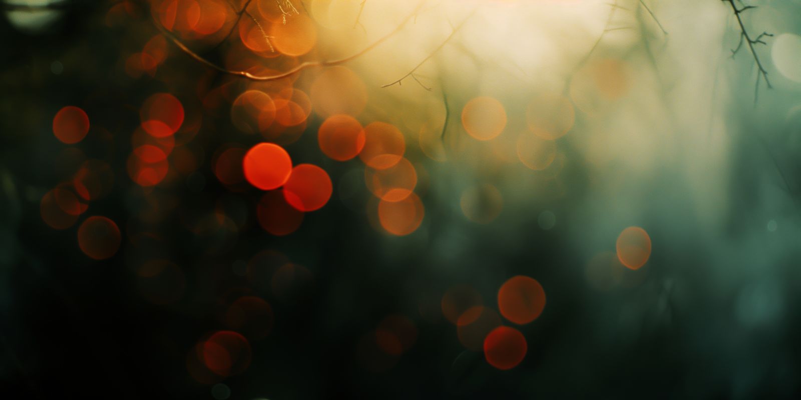 Sanftes Licht fällt durch filigrane Baumkronen, feine Äste und Blätter erzeugen ein abstraktes Bokeh im Panorama-Format.