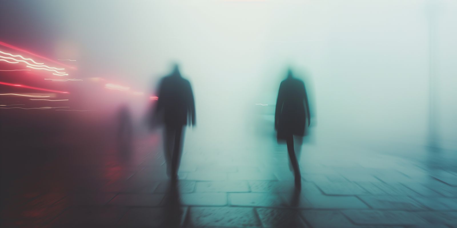 Schemenhafte Silhouette einer Person verschwindet im nebligen Licht einer urbanen Umgebung, minimalistisch und atmosphärisch fotografiert.
