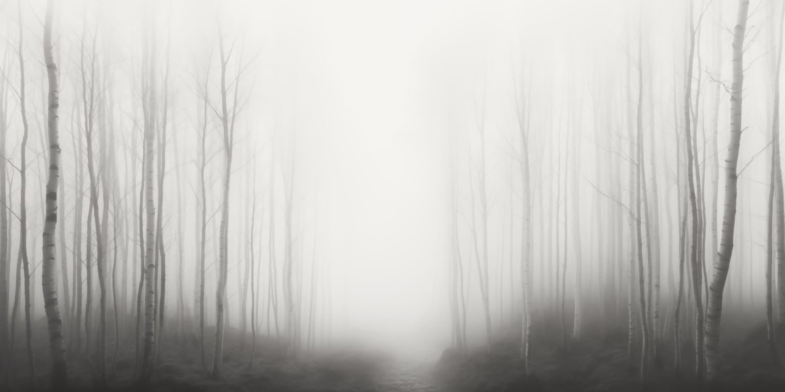 Ein dichter Birkenwald mit schlanken weißen Stämmen, die in sanftem Nebel stehen. Die Szene wirkt ruhig, minimalistisch und mystisch.