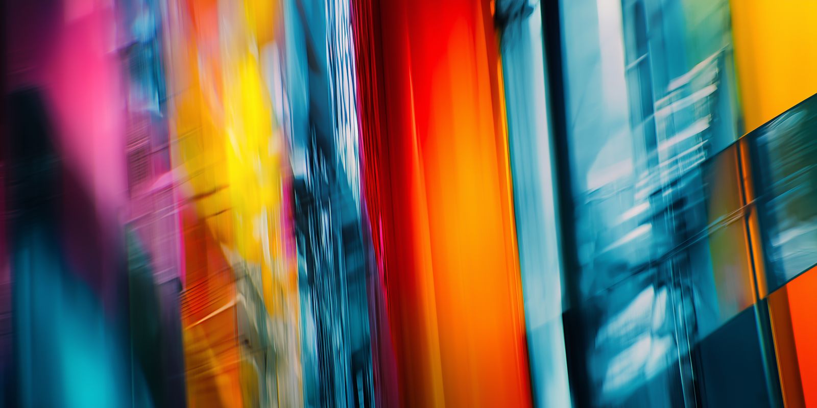Abstraktes Panorama zeigt bunte Reflexionen moderner Architektur auf einer glatten Wasseroberfläche, urban und farbenfroh inszeniert.