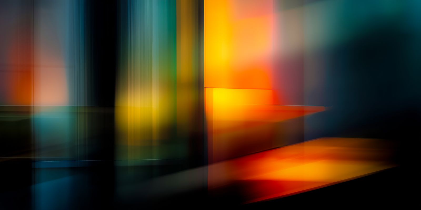 Abstraktes Panorama Wandbild mit leuchtenden, fließenden Farben in dynamischer Komposition, ideal für moderne Wohnräume.