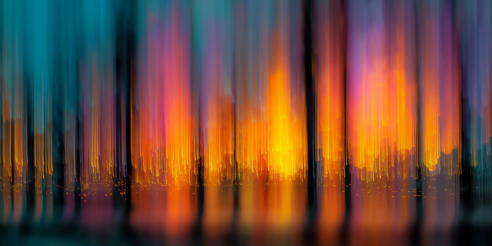 Abstraktes Panorama eines Waldes im Sonnenuntergang, schlanke Baumstämme und sanfte Sonnenstrahlen in vielfältigen Farben.