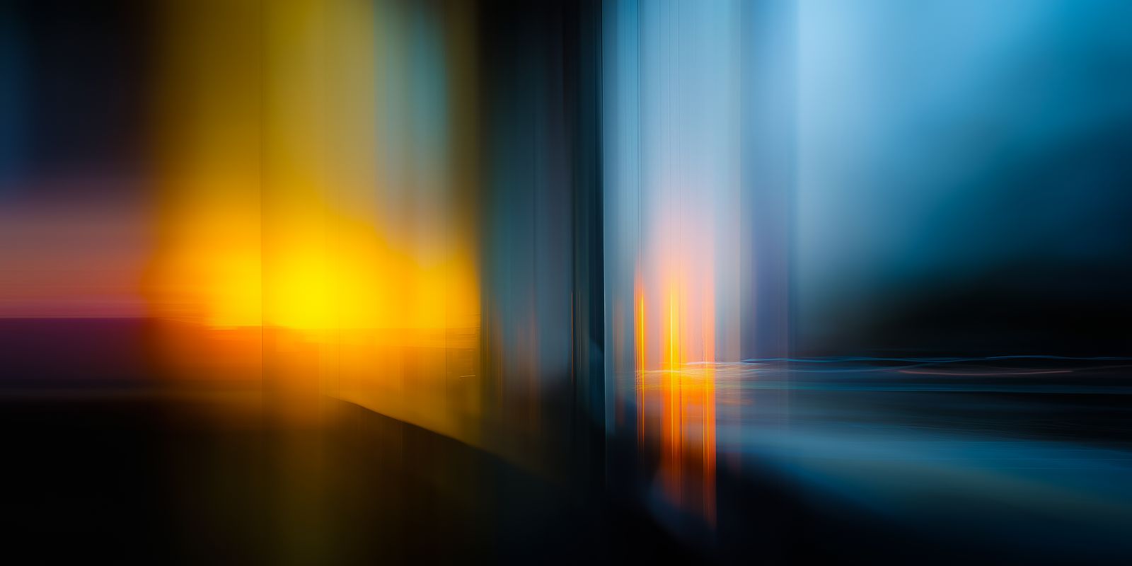 Abstraktes, modernes Panorama mit sanften, vielfältigen Lichtreflexen am Horizont, die eine ruhige und mystische Stimmung erzeugen.