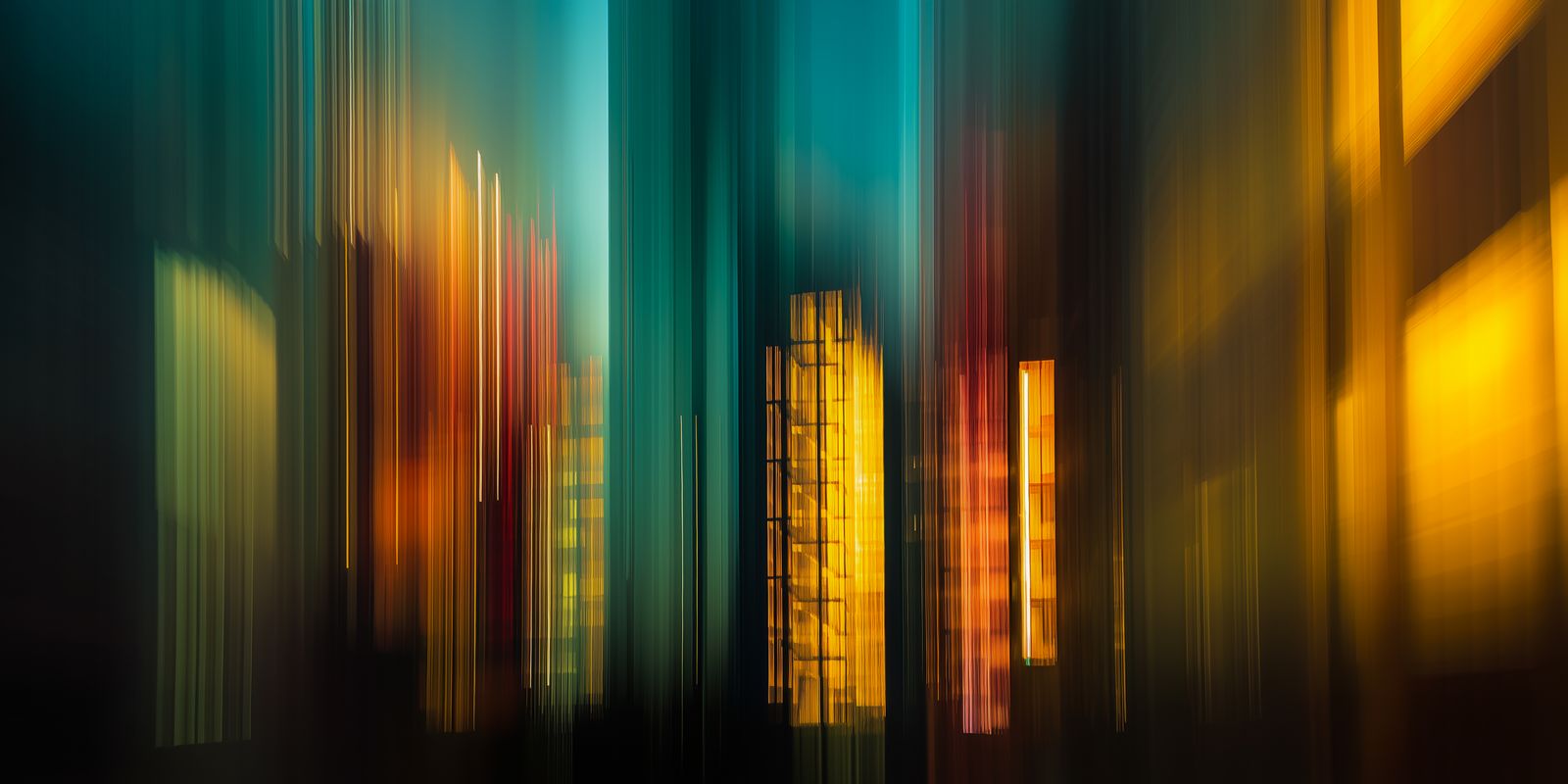 Abstraktes Panorama mit sanften Lichtreflexen und vielfältigen Farben, die filigrane Stadtlichter in einer modernen Komposition zeigen