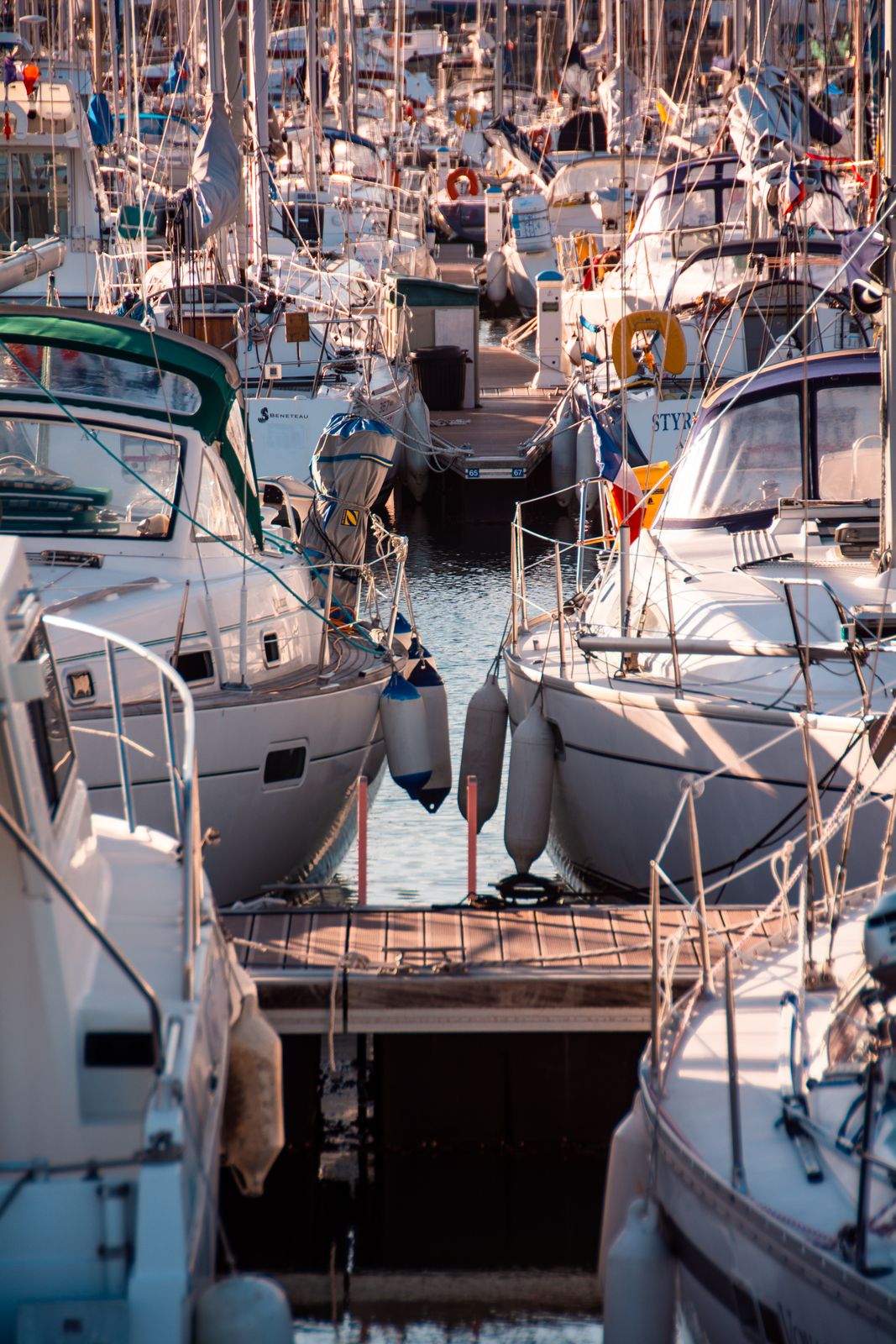 Mehrere Yachten liegen ruhig im morgendlichen Licht in einem maritimen Hafen an der Ostseeküste, das Wasser spiegelt die Boote sanft wider.