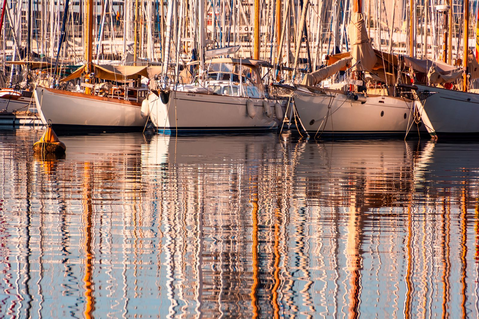 Mehrere Segelboote liegen ruhig im Hafen, ihre Masten spiegeln sich im klaren Wasser. Vielfältige Farben, maritimes Ambiente, realistisch dargestellt.