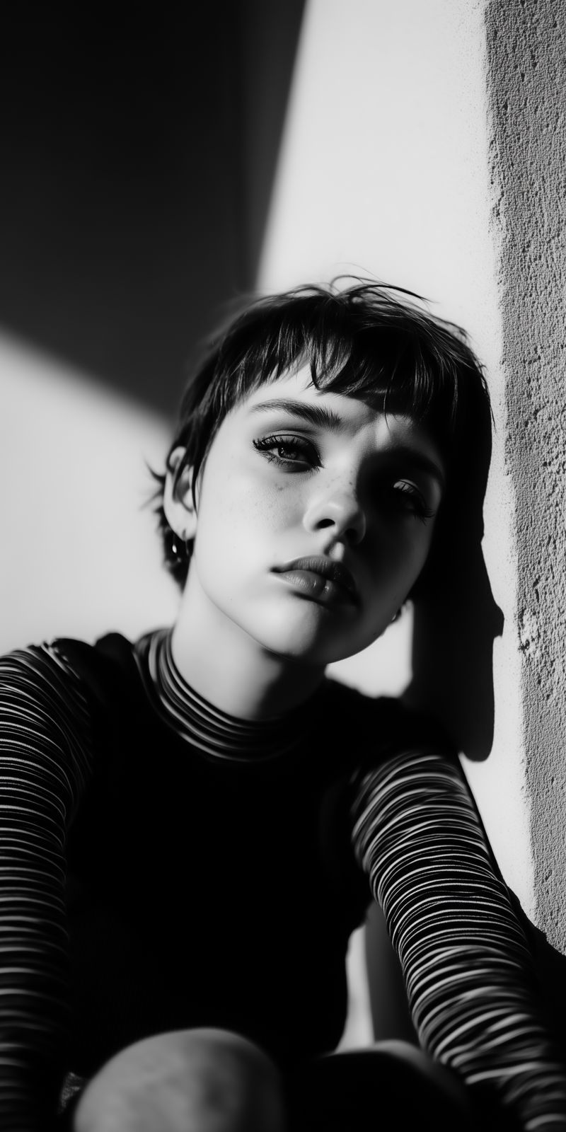 Minimalistisches Porträt einer entspannten Person, deren Gesicht von sanftem, vielfältigem Lichtspiel umgeben ist