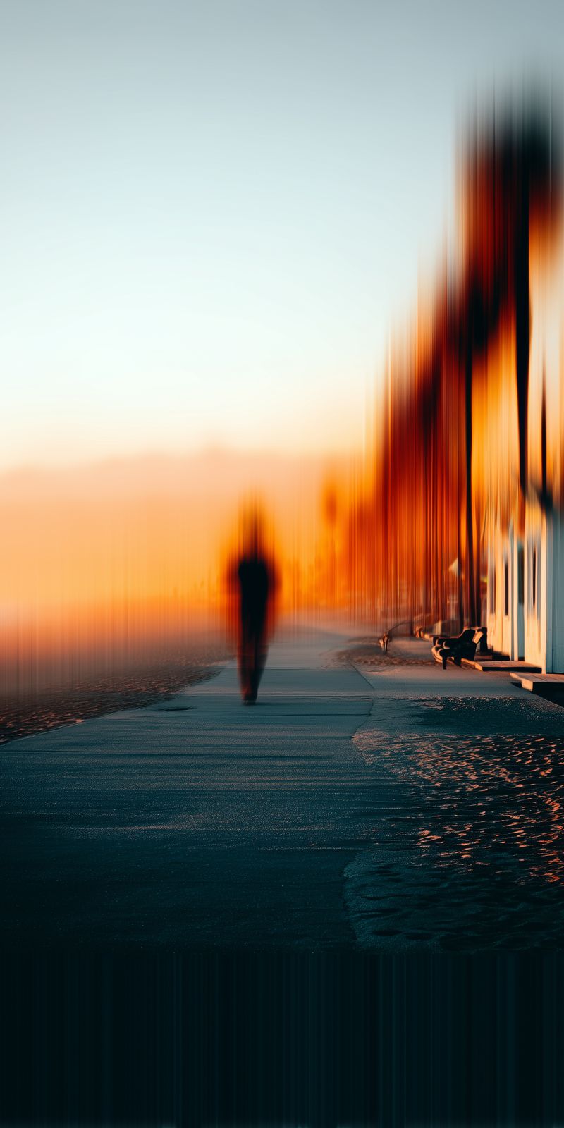 Menschenleerer Strandboulevard im warmen Licht eines Sonnenuntergangs, zarte Orangetöne, minimalistisch und modern gestaltet