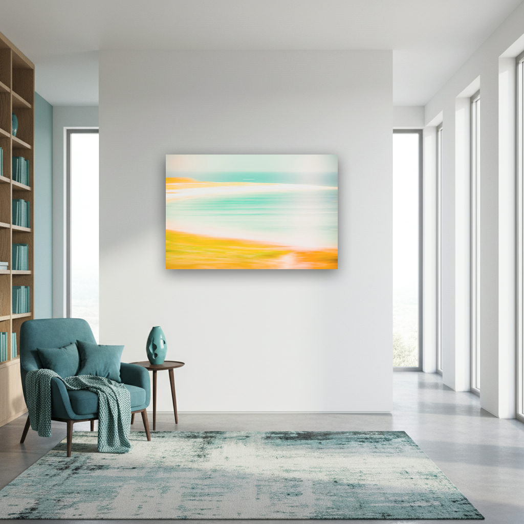Abstrakte, minimalistische Fotokunst mit sanften Farben zeigt die Le-d’Hoüat Küstenlinie mit Lichtreflexen, Wasser und Land in ruhiger Komposition.