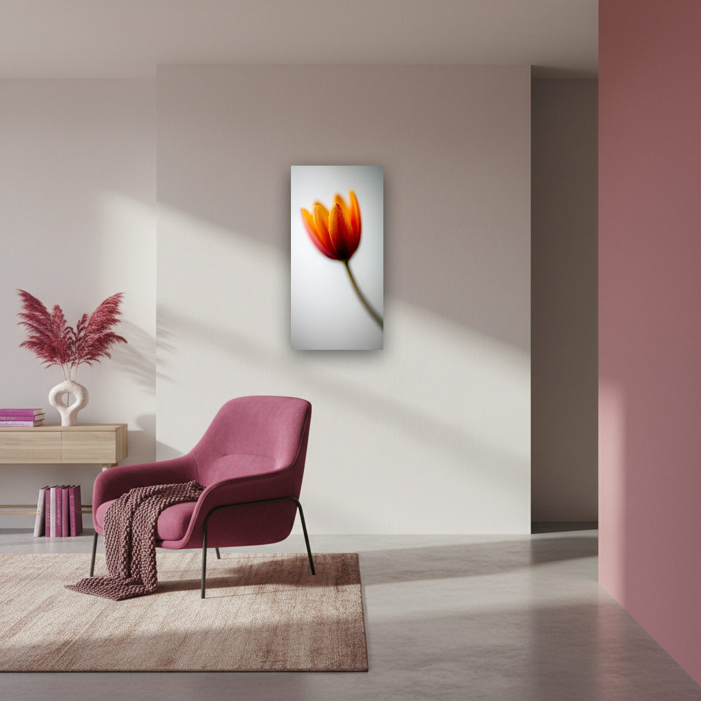 Eine einzelne Tulpe in sanften, vielfältigen Farben, minimalistisch und modern ins Licht gesetzt, mit feinen Strukturen und ruhiger Ausstrahlung