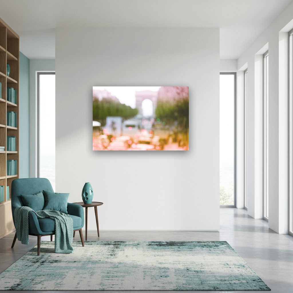 Abstraktes, modernes Wandbild mit unscharfer, bunter Darstellung des Arc de Triomphe in Paris, inspiriert von urbaner Eleganz und französischer Raffinesse