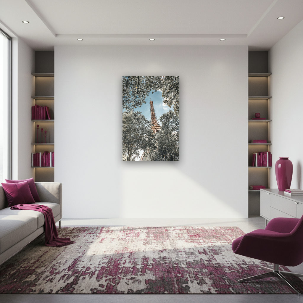 Fotografie des Eiffelturms in Paris aus raffinierter Perspektive, urbaner Stil, vielfältige Farben, ruhige und nostalgische Stimmung