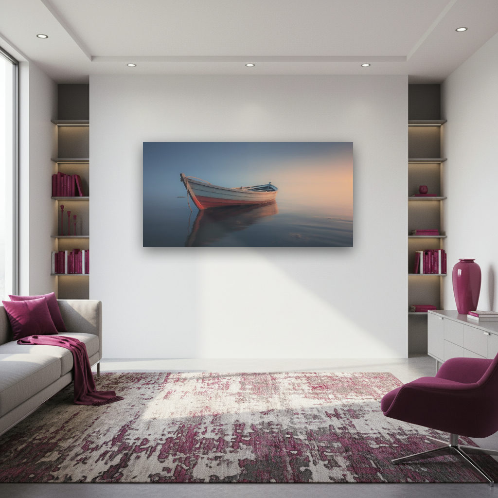 Ein einzelnes Ruderboot liegt ruhig auf spiegelglattem Wasser, umgeben von sanftem, hellem Morgennebel in minimalistischem Stil.