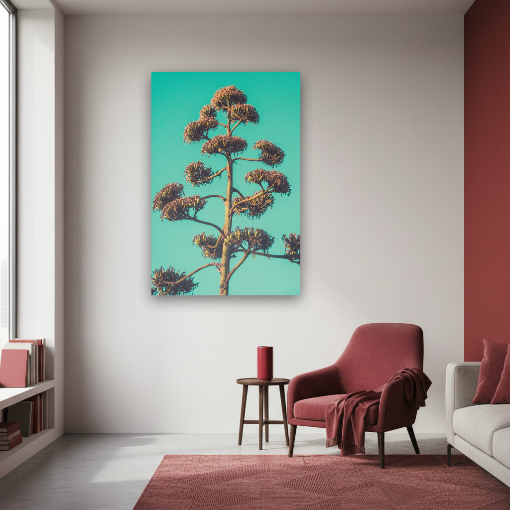 Eine einzelne Agavenblüte mit feinen Linien ragt vor einem sanft türkisfarbenen Himmel auf, minimalistisch und naturinspiriert fotografiert.