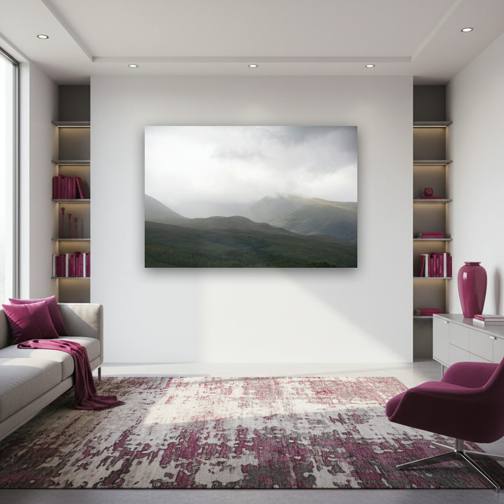 Sanfte Nebelschwaden ziehen über hügelige Highlands der Isle of Skye, grüne Landschaften und mystische Stimmung im Fotokunstwerk.