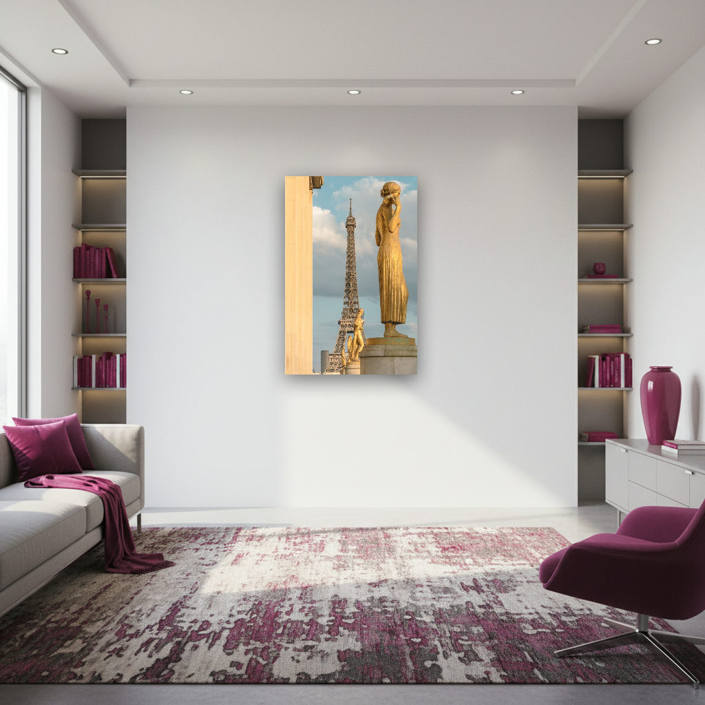 Goldene Statuen am Trocadéro mit Blick auf den Eiffelturm im warmen Licht des Sonnenuntergangs