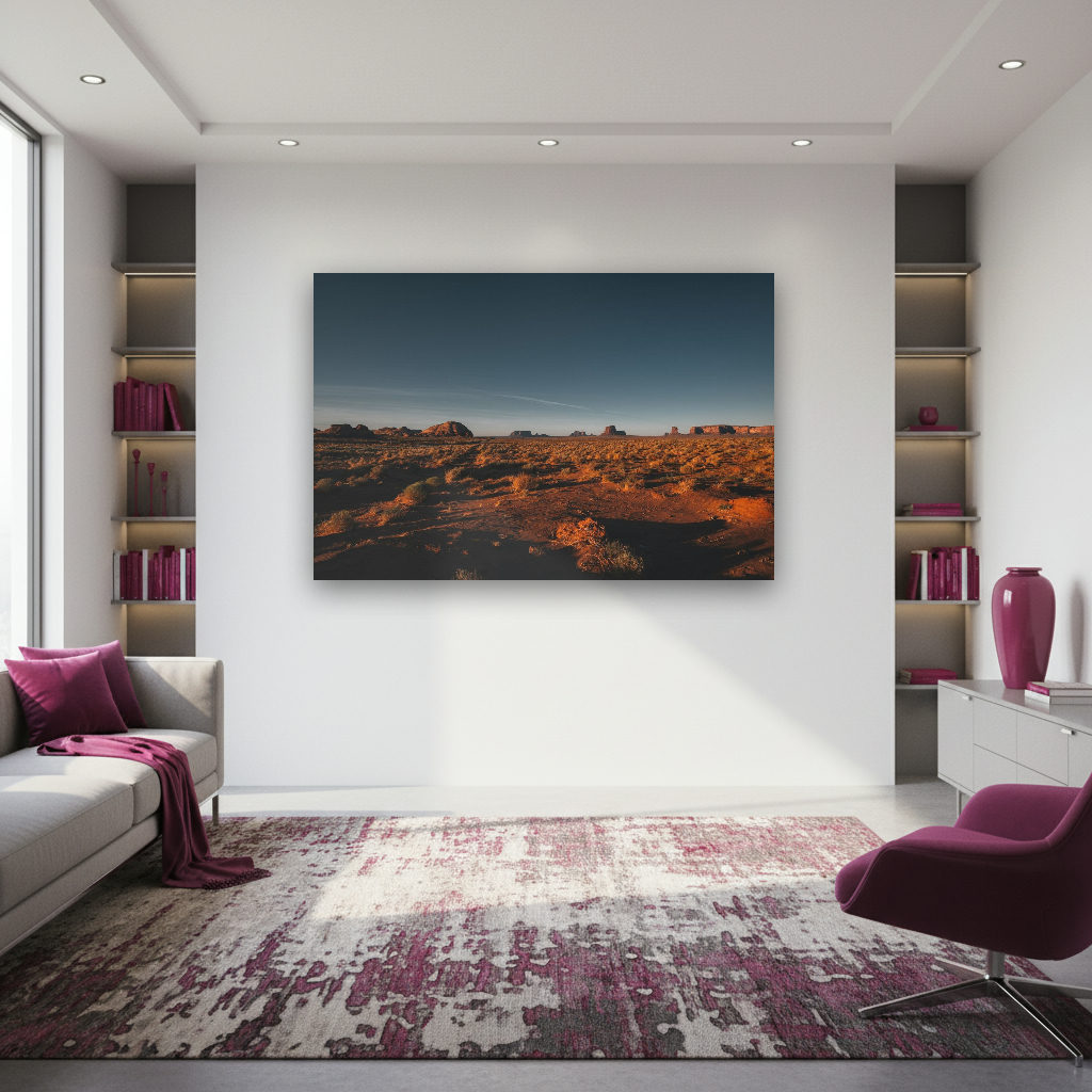 Panoramablick auf Monument Valley mit markanten Sandsteinformationen, weiten Ebenen und sanftem Licht in vielfältigen Farben.