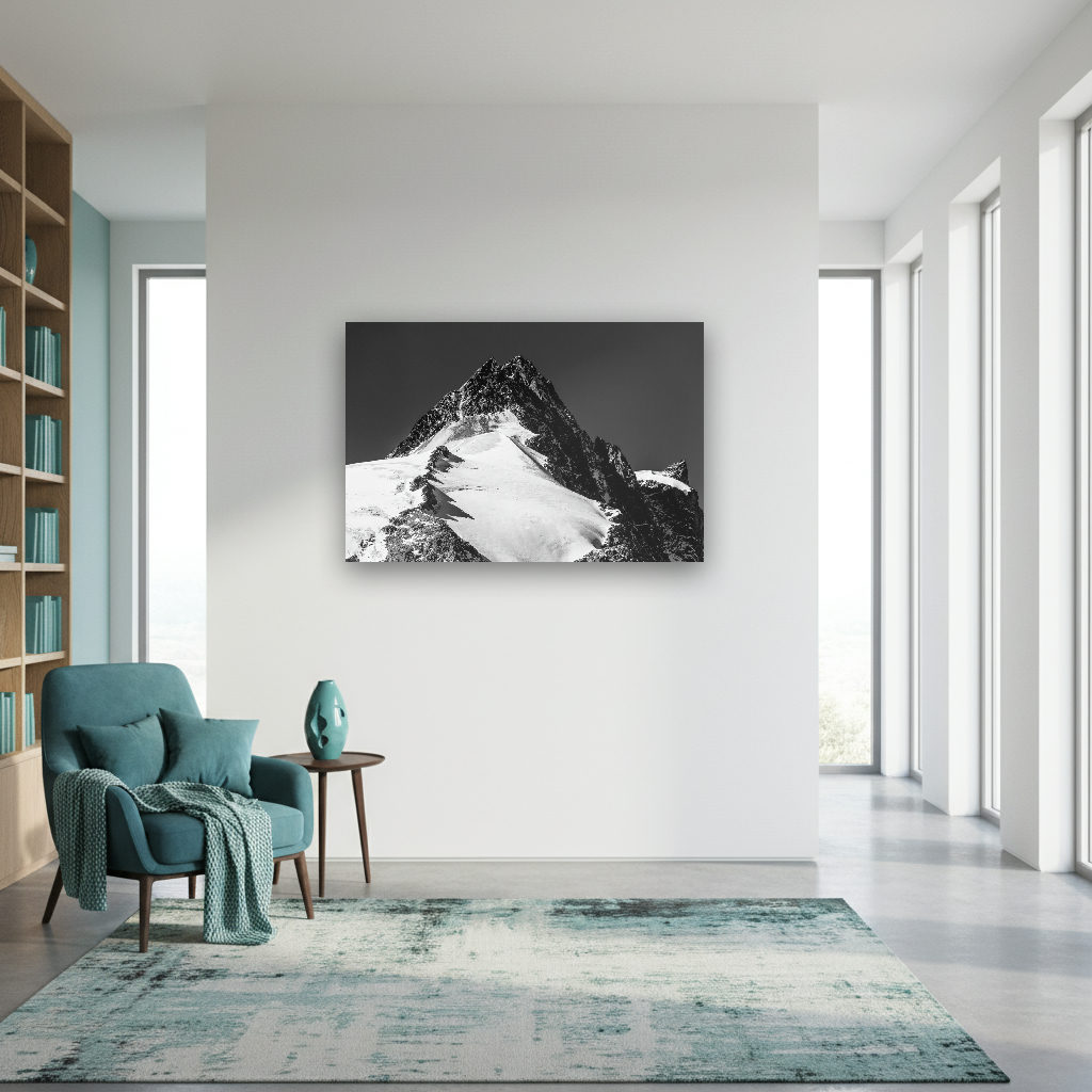Schwarzweiß-Fotografie vom Großglockner in den Hohen Tauern, zeigt dramatische Berglandschaft mit kontrastreichem Lichtspiel.