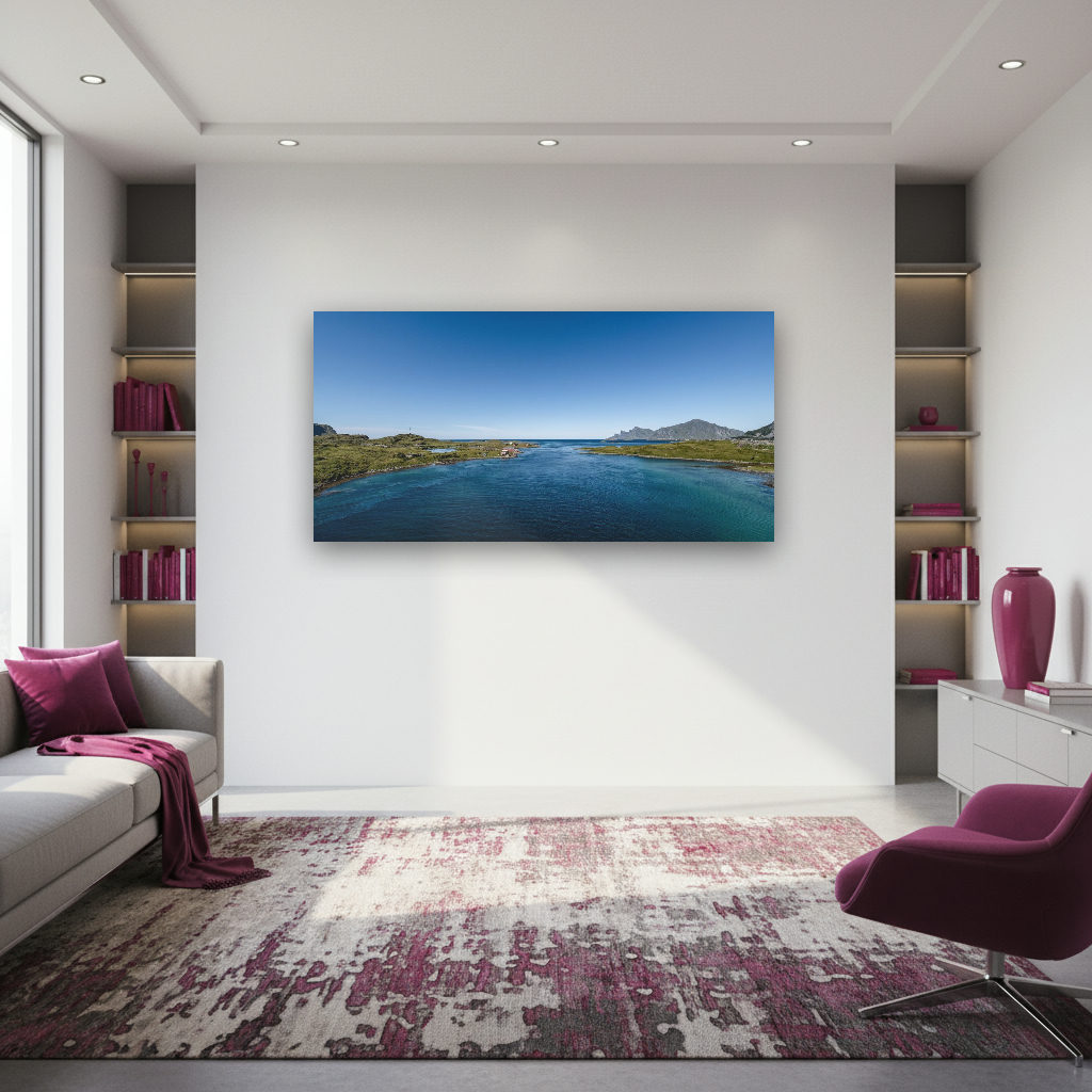 Sanft beleuchteter Fjord der Lofoten, ruhiges Wasser, majestätische Berge im Hintergrund, vielfältige Farben, friedliche Naturstimmung