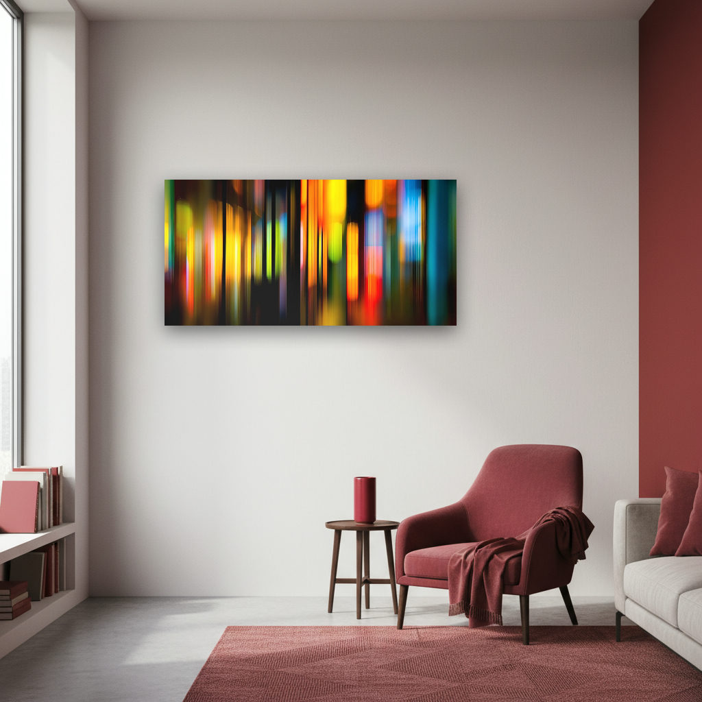 Abstraktes Panorama mit bunten Lichtern in dynamischen, vielfältigen Farben; kunstvolle Lichtakzente auf dunklem Hintergrund.