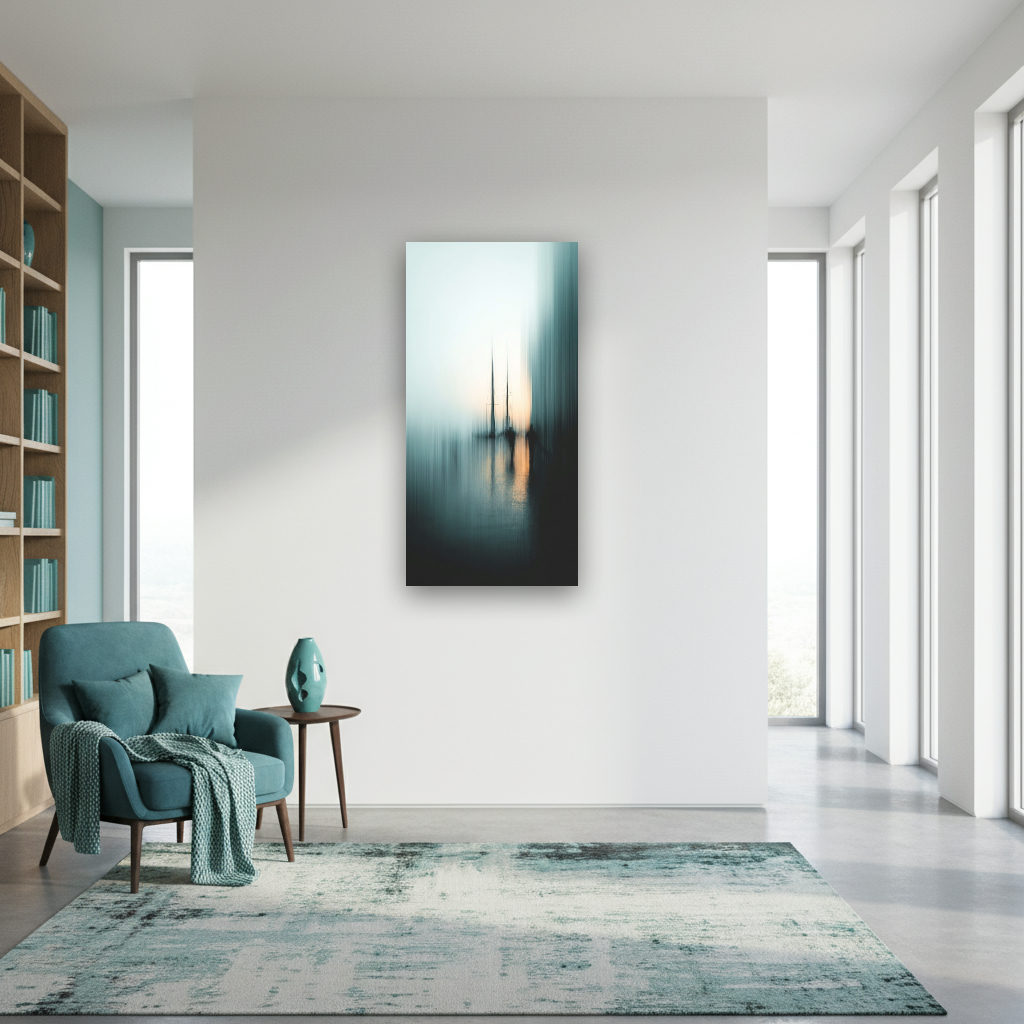 Mehrere Segelboote treiben auf ruhigem Wasser, umgeben von dichtem, sanftem Morgennebel in einer minimalistisch-modernen Szenerie.