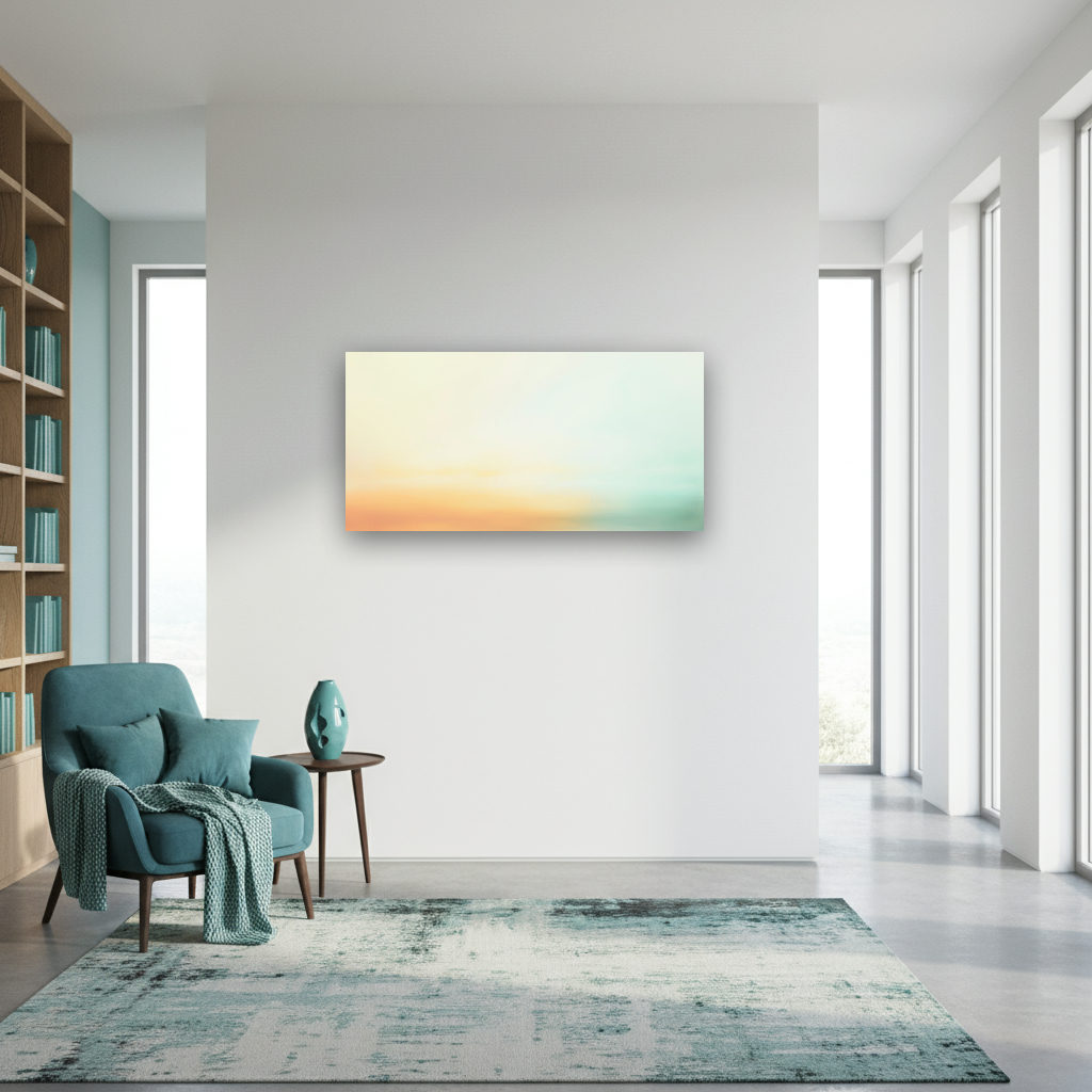 Abstraktes Panorama mit sanften Pastellfarben in Rosé, Mint und Beige, minimalistisch gestaltet, beruhigende und leichte Farbflächen.