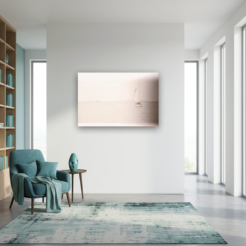 Ein einzelnes Segelboot gleitet bei sanftem Licht über ruhiges Wasser, umgeben von zarten Farben und minimalistischer Atmosphäre.