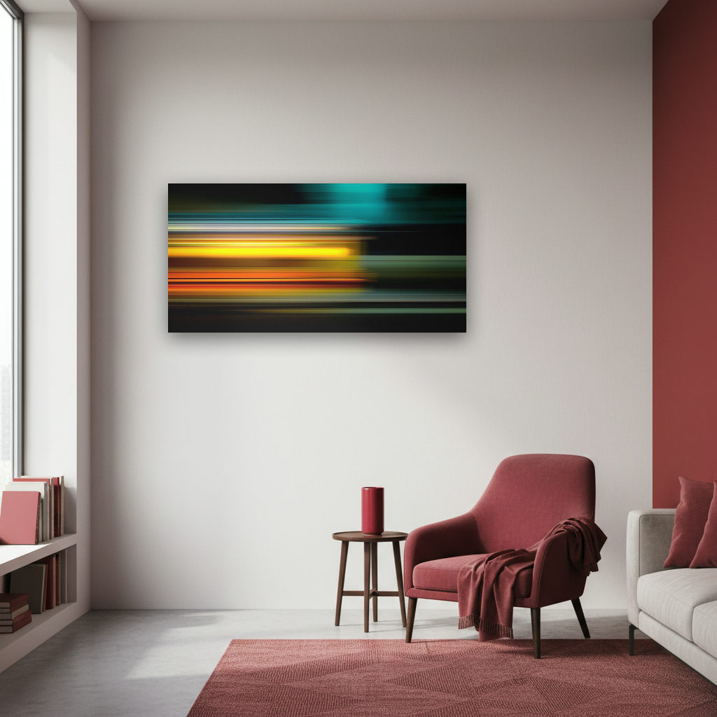 Abstraktes Panorama mit sanft gleitenden, vielfältigen Lichtstreifen auf dunklem Hintergrund, die Bewegung und Ruhe ausstrahlen.