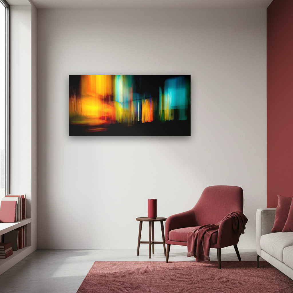 Abstraktes Panorama mit bunt verlaufenden, leuchtenden Lichtern, die fließend ineinander übergehen und ein modernes Kunstwerk bilden.