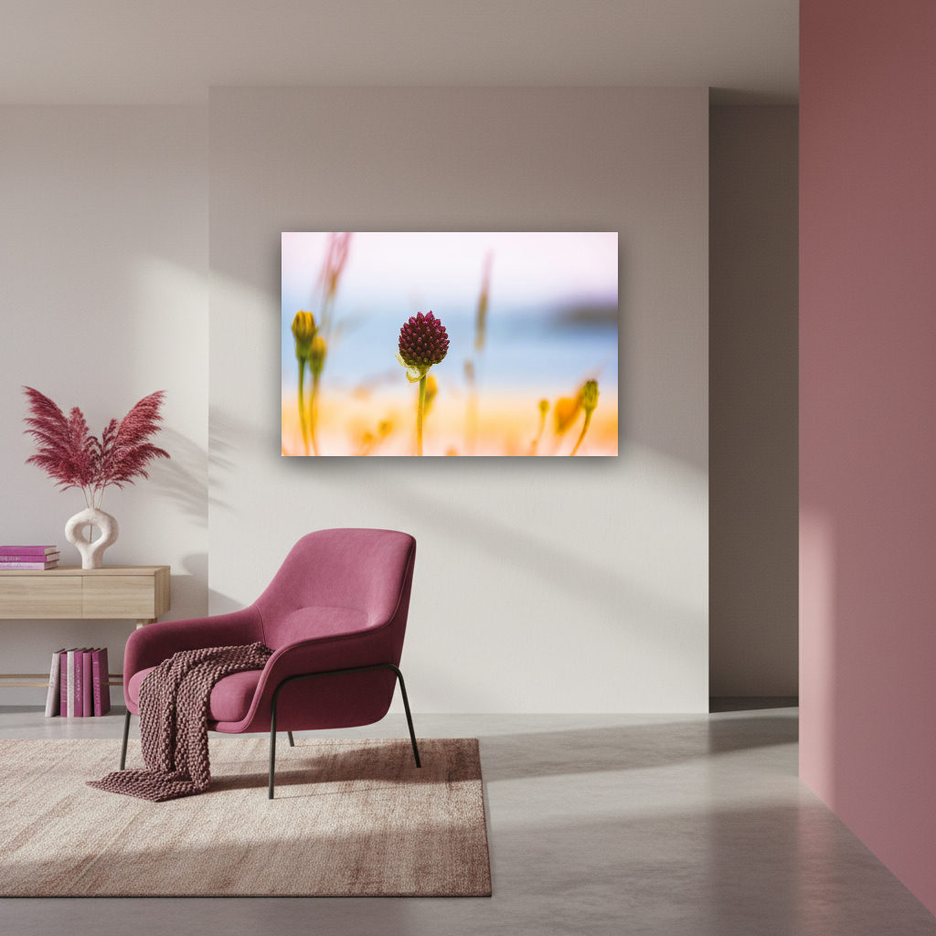 Makrofotografie einer einzelnen wilden Klee-Blüte im sanften Sommerlicht mit feinen Blättern und vielfältigen Farben, minimalistisch inszeniert.