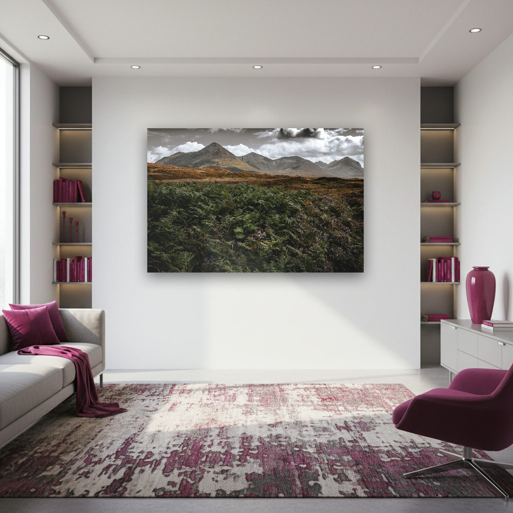 Sanfte Hochlandberge mit Nebel im Hintergrund, im Vordergrund sattgrüne Farne, lebendige Landschaft auf der Isle of Skye.