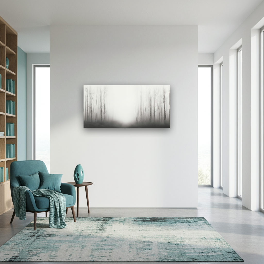 Monochrome Fotografie eines nebelverhangenen Waldes mit schlanken Baumstämmen, sanfter Unschärfe und minimalistischer Komposition.
