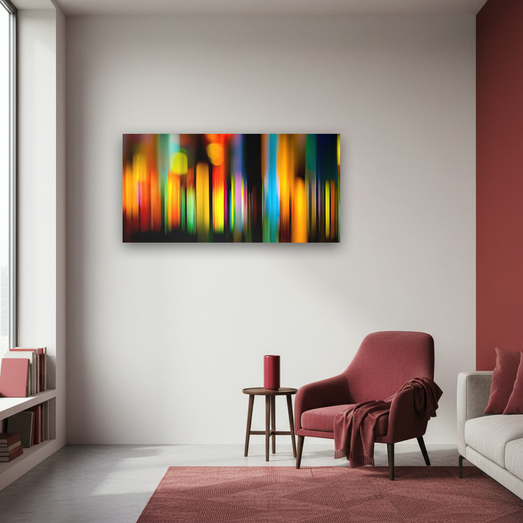 Leuchtende, farbintensive Lichtstreifen verlaufen abstrakt und dynamisch quer über das Panorama-Bild auf dunklem Hintergrund.