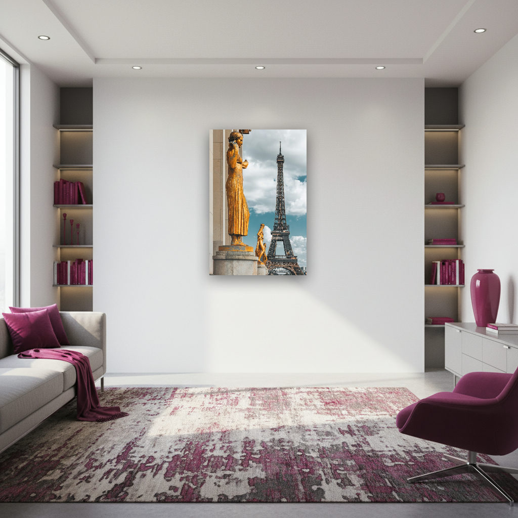 Blick auf den Eiffelturm in Paris mit goldenen Statuen im Vordergrund, fotografiert von Kurt Weigel bei urbaner, inspirierender Lichtstimmung.
